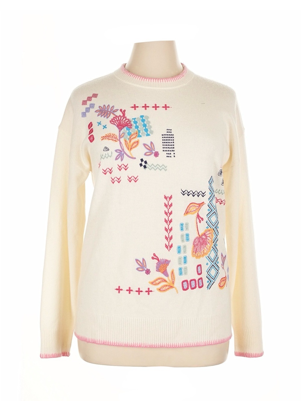 Johnny Was Wool Cashmere Embroidered Floral Boho Pullover Ivory XL